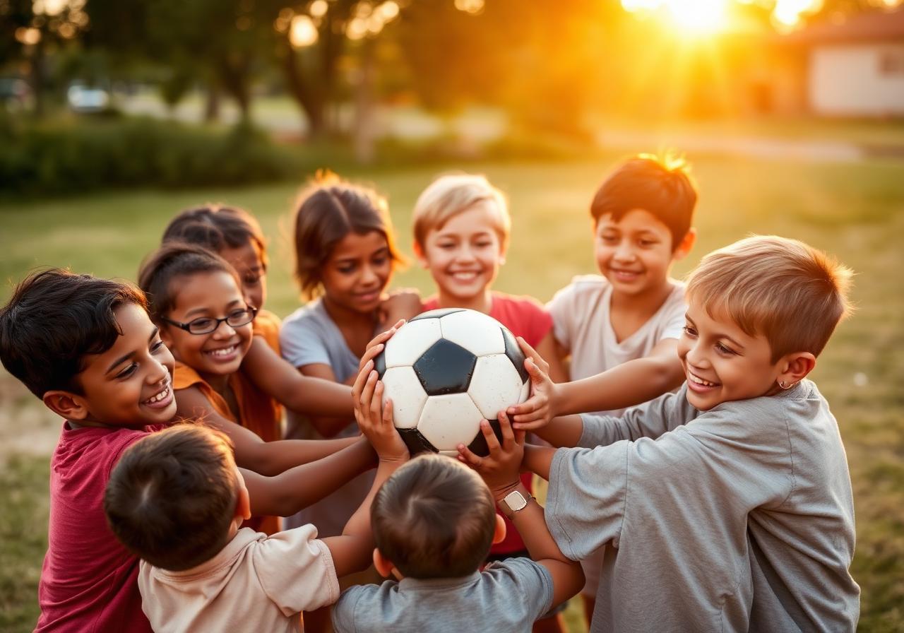 Crianças unidas em torno de uma bola